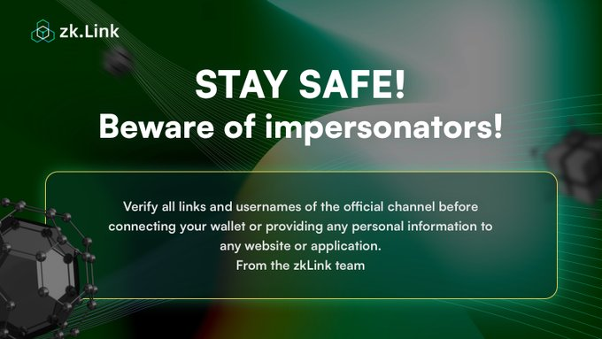 zkLink_Official's tweet photo. @CoinList Safety Warning: 
•  Always double-check with the team through DC ticket. 
•  Verify ZK team's credentials to avoid scams.  
 
Official Social Media: 
• Twitter @zkLink_Official
• Telegram https://t.co/Xv8wdqlafc
• Discord https://t.co/VYSwnauKtq https://t.co/BABYivjCy7