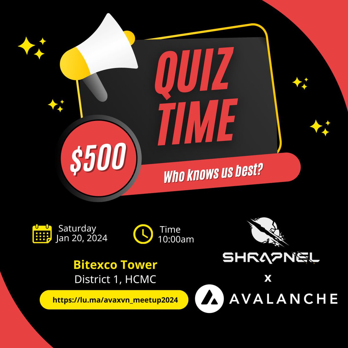Team1VN's tweet photo. 🔥 Exciting News for the Avalanche Vietnam Community! 🔥

Shrapnel will join Avalanche Vietnam Meetup 2024 via its sponsorship of 500 USDT for the top 10 winners of the "Who knows us best?" minigame, which will be presented as a Quiz featuring 10 multiple-choice questions about Avalanche and Shrapnel at the Avalanche Vietnam Meetup 2024.

Shrapnel is a AAA moddable extraction shooter game, built by a unique team of BAFTA & Emmy Award-winning talent, using UE5 & blockchain. Shrapnel is building on Avalanche Subnet.  

Big shout-out to Shrapnel for being part of the Avalanche Vietnam Meetup 2024! To join the Meetup, know more about Shrapnel and receive the limited gifts, register here: https://t.co/JPBwoKHFRb

-------------------------- 

🔥 Tin vui nóng hổi cho cộng đồng Avalanche Vietnam! 🔥

Shrapnel sẽ tài trợ 500 USDT cho 10 người chiến thắng xuất sắc nhất của minigame "Ai hiểu chúng tôi nhất?" - một Quiz với 10 câu hỏi lựa chọn xoay quanh Avalanche và Shrapnel tại sự kiện Avalanche Vietnam Meetup 2024.

Shrapnel là một tựa game bắn súng AAA với khả năng điều chỉnh cao, được xây dựng bởi một đội ngũ độc đáo, những tài năng từng đoạt giải thưởng BAFTA & Emmy, sử dụng công nghệ UE5 và blockchain. Đặc biệt, Shrapnel đang phát triển trên Avalanche Subnet.

Cám ơn @playSHRAPNEL đã tham gia hỗ trợ Avalanche Vietnam Meetup 2024! Để tham gia sự kiện, tìm hiểu thêm về Shrapnel và có cơ hội nhận những món quà giới hạn, đừng quên đăng ký tại đây: https://t.co/JPBwoKHFRb