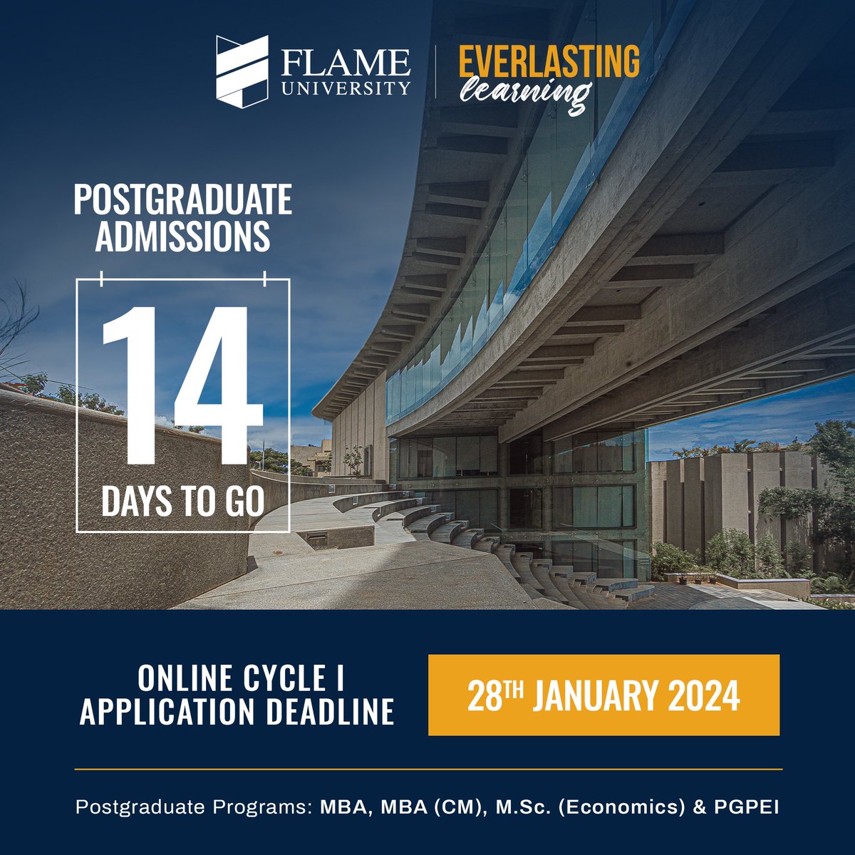 FLAMEUniversity's tweet photo. Embark on a transformative journey to shape your future with FLAME University's postgraduate programs. 

Our unique curriculum, along with our accomplished faculty, will help you gain the skills and knowledge required to succeed in your desired career path. With a state-of-the-art campus and a diverse community, you will have all the resources you need to thrive in the ever-evolving fields of business, communications, economics, and entrepreneurship. 

Join us and equip yourself with the skills and knowledge that will always keep you one step ahead of your contemporaries.

Apply now: https://t.co/tZdArRzhxY

@priteshszaveri