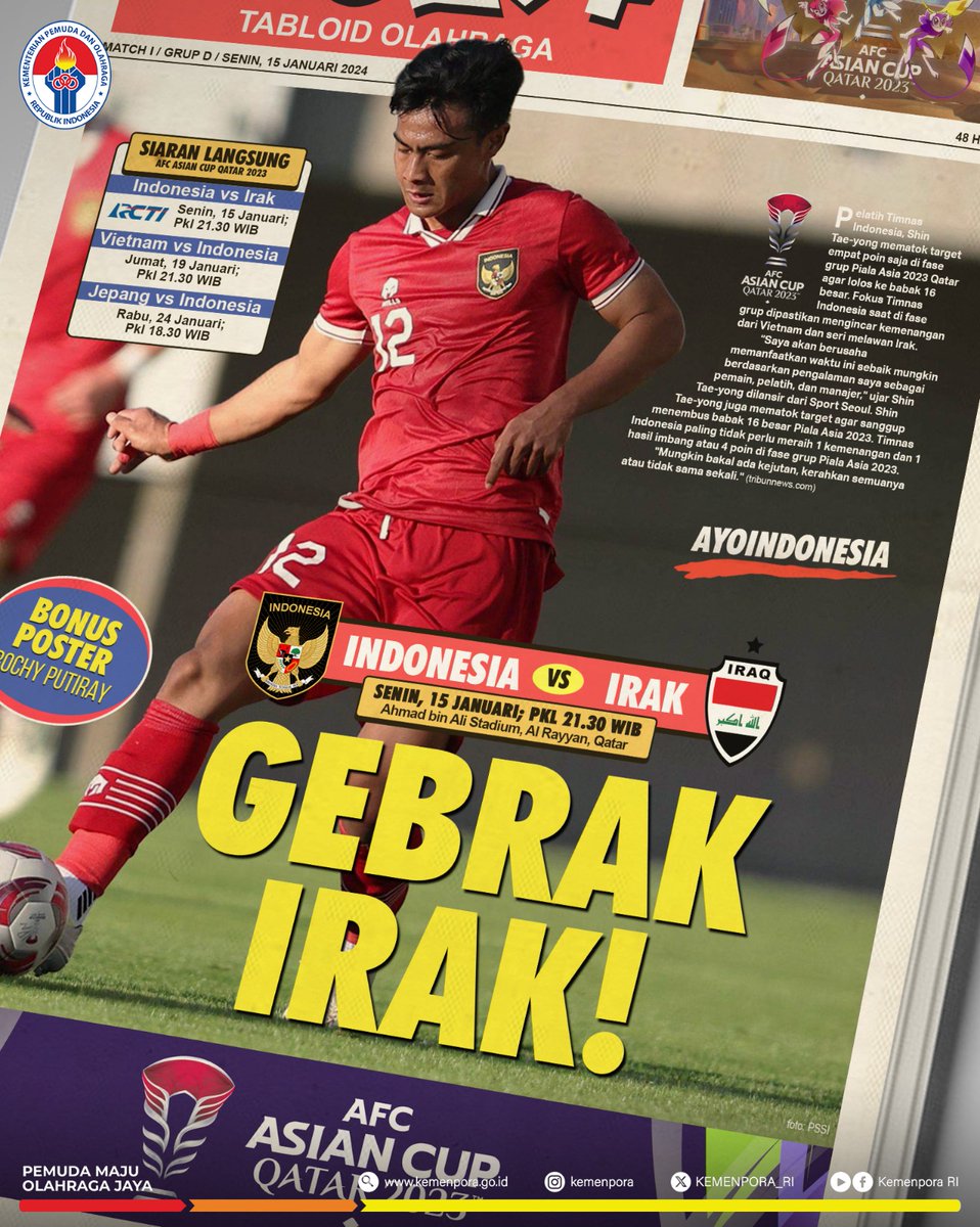 #TIMNASDAY! 🇮🇩 #AsianCup2023
Selamat berjuang  pasukan Garuda! 🦅

#Kemenpora
#PemudaMajuOlahragaJaya