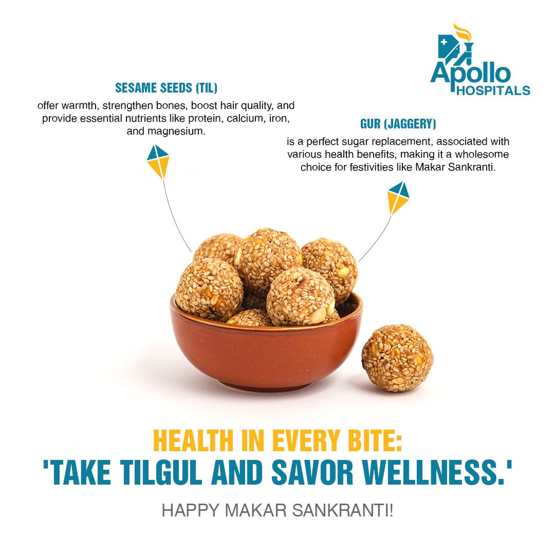 Elevate your health and happiness with the goodness of Til and Gur this Makar Sankranti. 'Take Tilgul and talk sweetly' for a joyous celebration. Happy Makar Sankranti!

#MakarSankranti #FestivalOfIndia #HarvestSeason #HealthCare #ApolloCare #ApolloHospitals #Bangalore #Karnataka