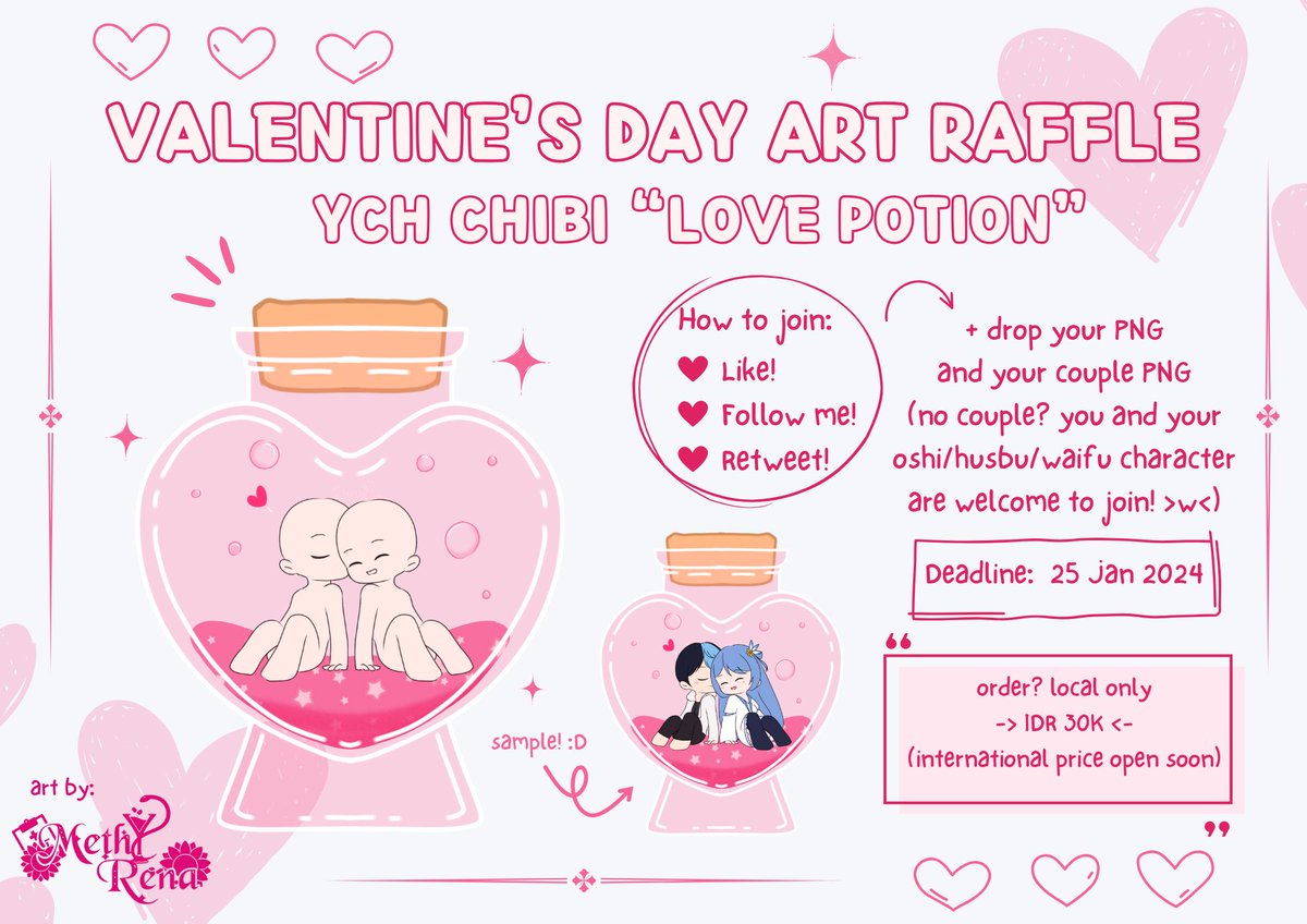 ✨❤️VALENTINE'S DAY ART RAFFLE❤️✨
For 3 lucky peoples!

Rules:
Like + Follow + Retweet + Comment you &amp; your couple PNG (your oshi/waifu/husbu char are welcome to join)

Ends: 25 Jan 2024
(Will be announced 26 Jan 2024)

Commission price: IDR 30K
#VTuberUprising #artraffle