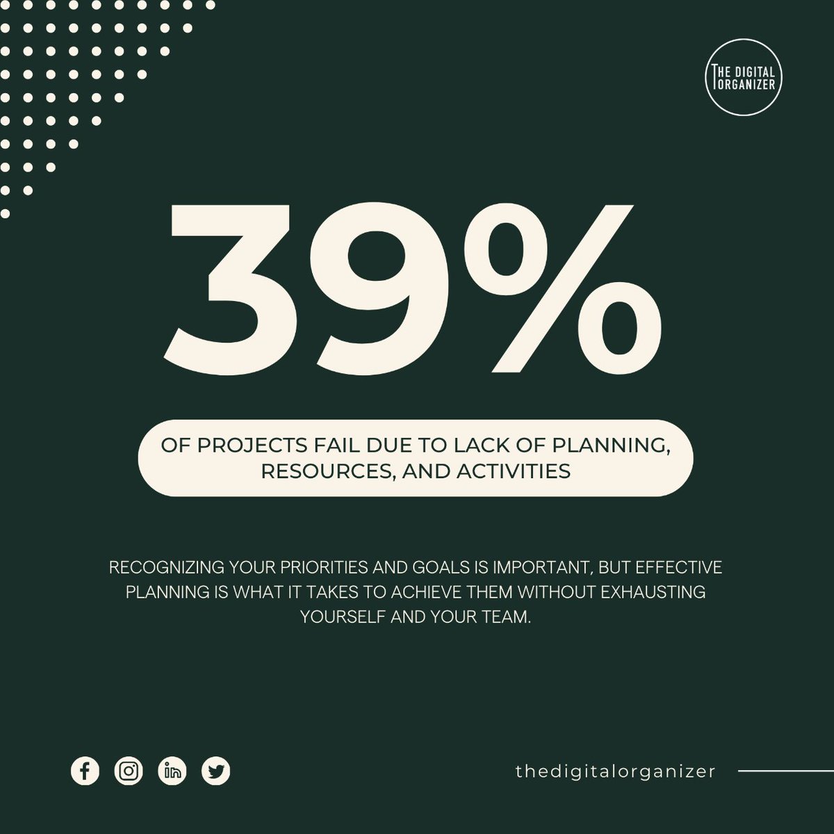 DgtlOrganizer's tweet image. Unveiling the hidden truth: 39% of projects crash without proper planning, resources, and activities. What&apos;s it costing you? 💸 Embrace success, invest in project management today!

#ProjectFailures #PlanForSuccess #ResourceManagement #BusinessInsights #ProjectSuccessSecrets