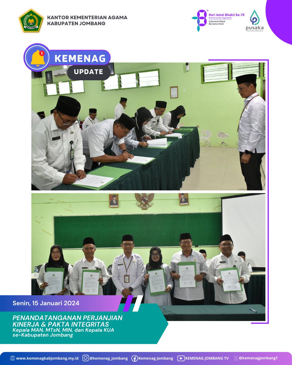 kemenagjombang1's tweet photo. Mengawali pekan ini, Senin (15/1/24) Kepala MAN, MTsN, MIN, KUA se-Kab. Jombang melaksanakan penandatanganan Perjanjian Kinerja (Perkin) dan Pakta Integritas Tahun 2024 di Aula Darussalam Kemenag Jombang.
#perjanjiankinerja #paktaintegritas #madrasahjombang #KUA #kemenagjombang https://t.co/sLERKFXS4J