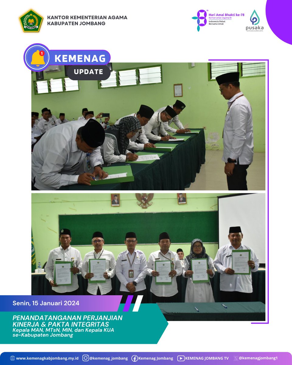 kemenagjombang1's tweet photo. Mengawali pekan ini, Senin (15/1/24) Kepala MAN, MTsN, MIN, KUA se-Kab. Jombang melaksanakan penandatanganan Perjanjian Kinerja (Perkin) dan Pakta Integritas Tahun 2024 di Aula Darussalam Kemenag Jombang.
#perjanjiankinerja #paktaintegritas #madrasahjombang #KUA #kemenagjombang https://t.co/sLERKFXS4J