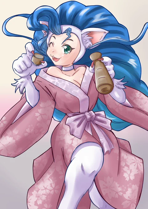 ビシャモンの家で新年会のフェリシアさん描きました～( ੭˙ᗜ˙)੭ 一杯いかが?  #レトロコンシューマー愛好会イラスト部 #ヴァンパイア #格ゲーキャラ描こうぜ
