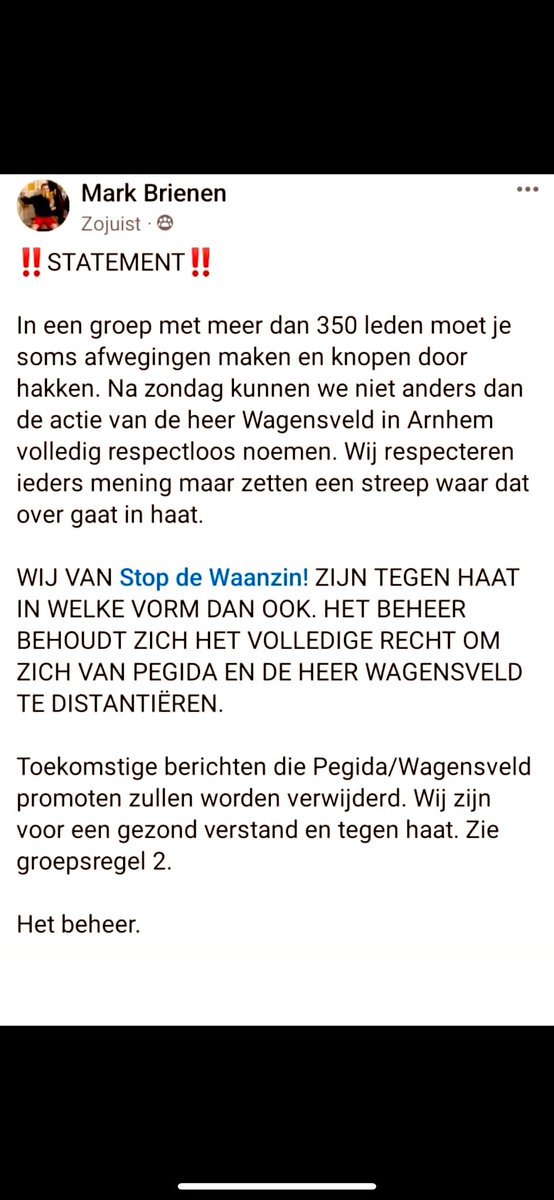 Wappie Mark heeft een statement in de groep Stop de Waanzin! Gedeeld. 
Ik vind het netjes van hem.