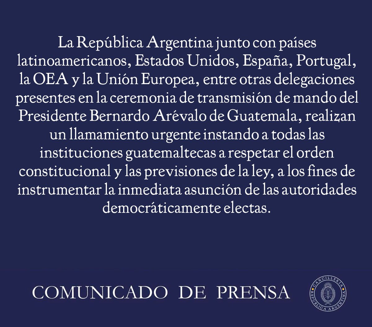 Cancilleria_Ar's tweet photo. En apoyo a la Democracia en Guatemala https://t.co/CWVotwMYFX