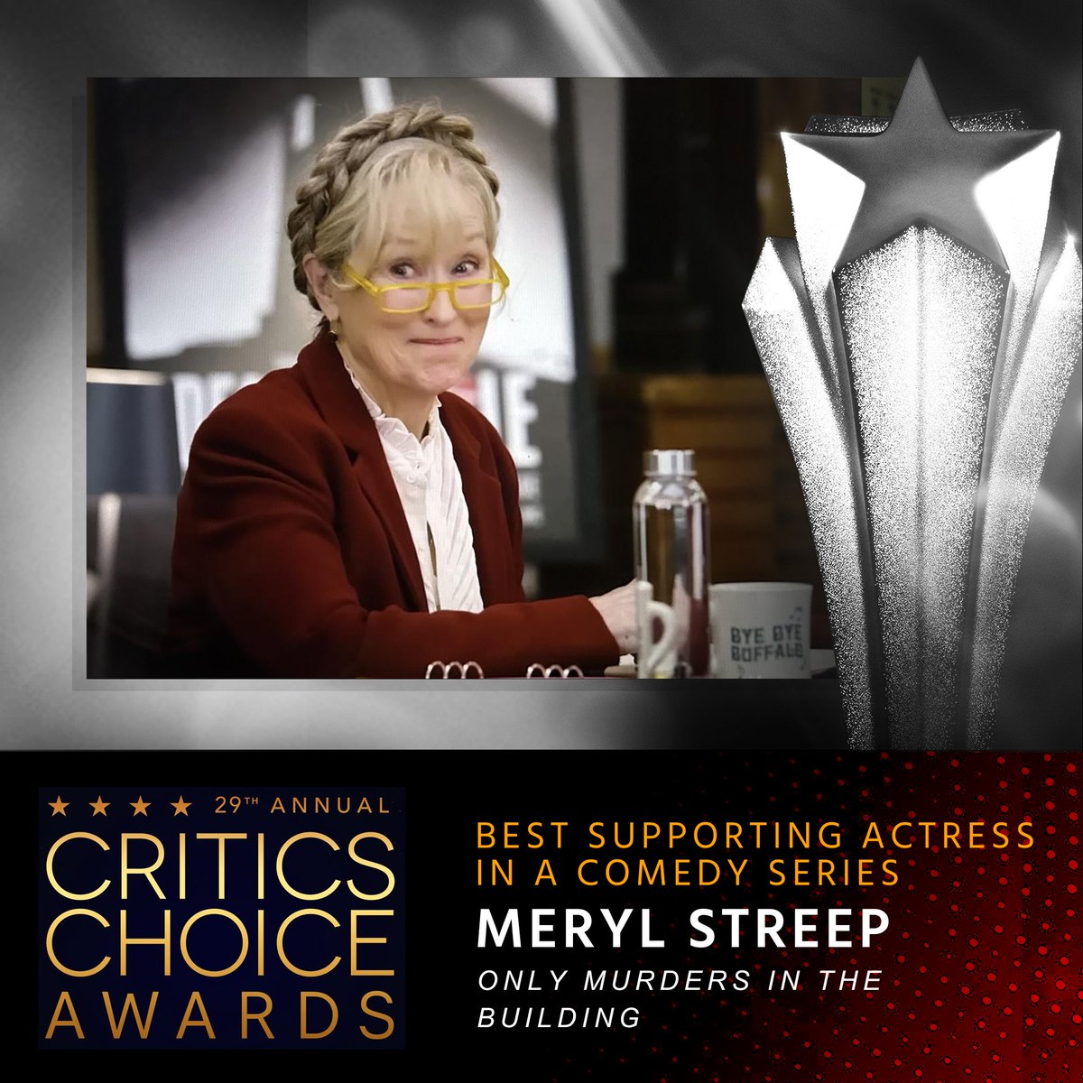 CriticsChoice's tweet photo. Congratulations to Meryl Streep, winner of the #CriticsChoice Award for BEST SUPPORTING ACTRESS IN A COMEDY SERIES for “Only Murders in the Building”⭐️
#CriticsChoiceAwards #OMITB @OnlyMurdersHulu https://t.co/dO4dYnVTdl