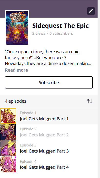 While I recover from some burnout, I figured I'd slowly begin to upload the pages I have of Sidequest on Tapas 🧙‍♂️Working on other reading options as well! 😅tapas.io/episode/3068641