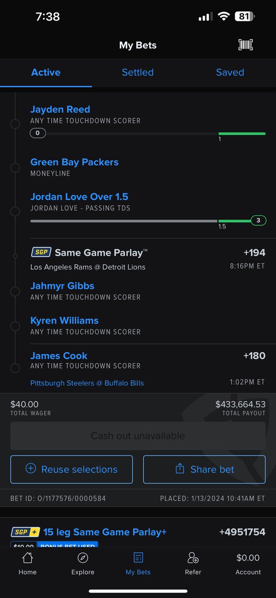 TheVengefulHand's tweet photo. @FDSportsbook Just admit this was rigged against me. Because Jayden Reed had 0 touches even though he’s WR1 for the packers. Just admit it and I won’t be upset. Hes literally the only one that kept me from winning half a Million. https://t.co/utrXMdQxsQ