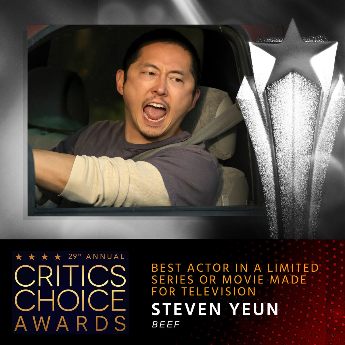 CriticsChoice's tweet photo. Congratulations to Steven Yeun, winner of the #CriticsChoice Award for BEST ACTOR IN A LIMITED SERIES OR MOVIE MADE FOR TELEVISION for “Beef”⭐️
#CriticsChoiceAwards #BeefOnNetflix @Netflix https://t.co/xLH1U5HXMW
