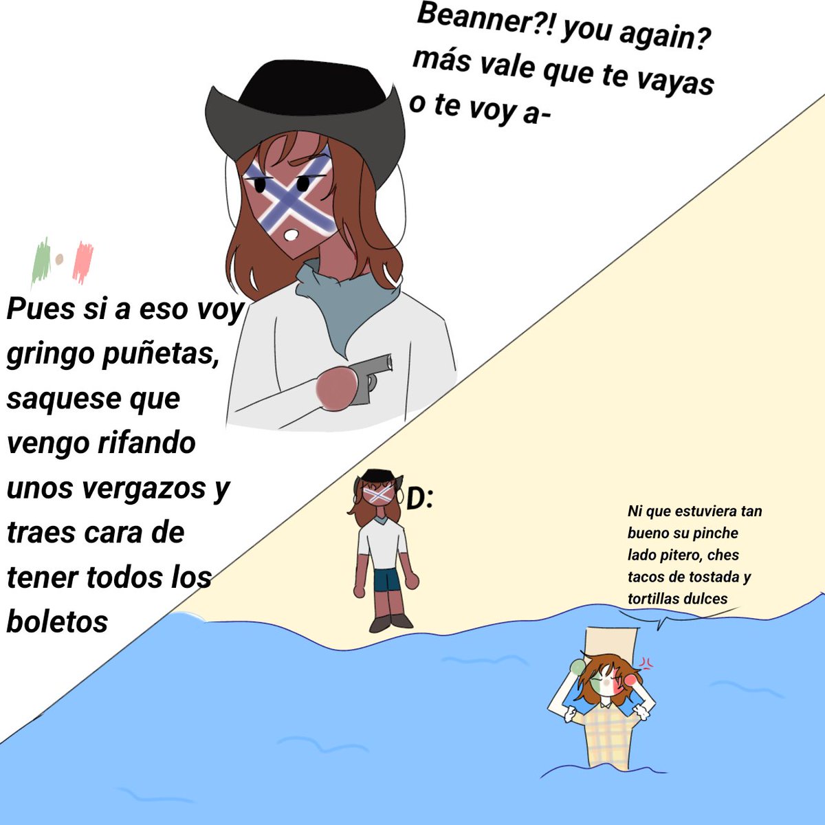 Mexicomamon's tweet photo. Snsnsnananaka el confederados me recordó a ese video 
Mexi y USA se pelean así muuuy seguido 
#countryhumansmexico
#countryhumansamerica
#countryhumansestadosconfederados https://t.co/ELWXYkAmrS