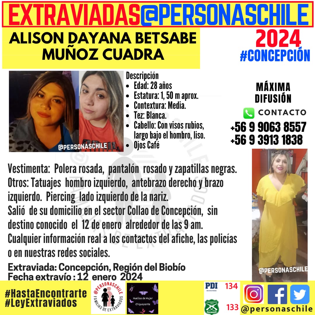 Huellas_Mujer's tweet photo. Sigue la búsqueda de Alison en el Gran #Concepción. Salió de su casa sector Collao en automóvil de aplicación. Su hermana denuncia que las policías no la están buscando este fin de semana, es por esto que pide compartir su foto para poder encontrarla. #RT #LeyExtraviados https://t.co/Ctrm2hSexr