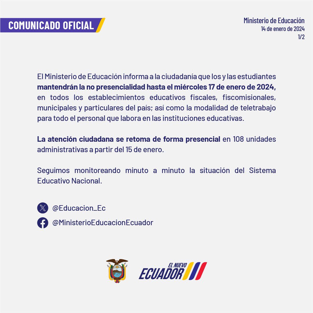 Educacion_Ec's tweet photo. [COMUNICADO] Los estudiantes mantendrán la no presencialidad hasta el miércoles 17 de enero, en todos los establecimientos fiscales, fiscomisionales, municipales y particulares del país; así como la modalidad de teletrabajo para todo el personal que labora en las instituciones educativas. 

En el caso de los funcionarios de las unidades administrativas, de 32 direcciones distritales detalladas a continuación, mantendrán teletrabajo conforme al reporte de cada zona, y retomarán la presencialidad de manera progresiva.
