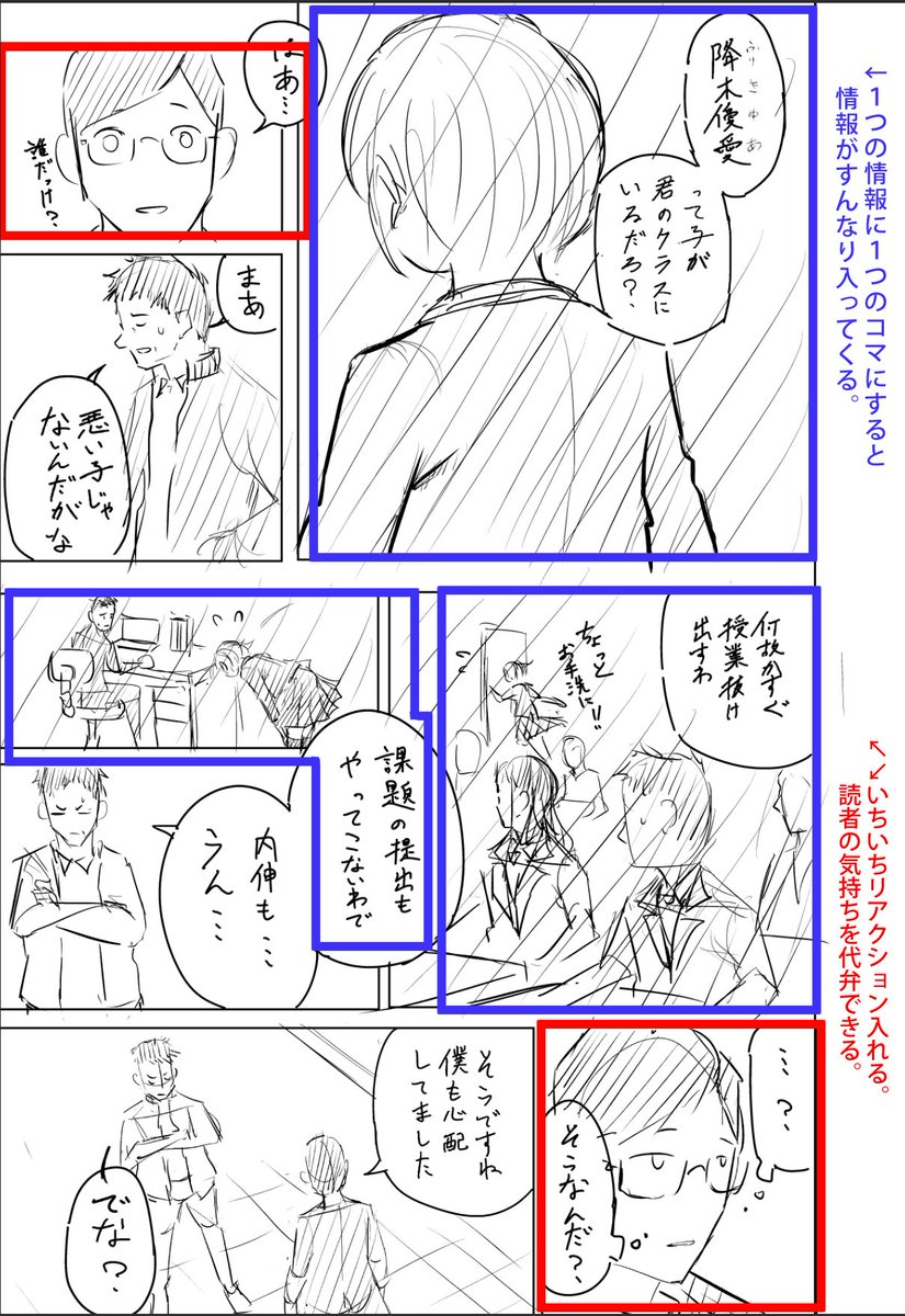 (左:ビフォー│右:アフター)
【ポイント】
なるべく「1つの情報」に「1コマ」
常に読者の気持ちの代弁
ーーーーーーーーーーーーーーーーーー
1つのコマにいくつもの情報を詰め込むと「文字を読まないと理解できない」の典型的なパターンになってしまいがち。