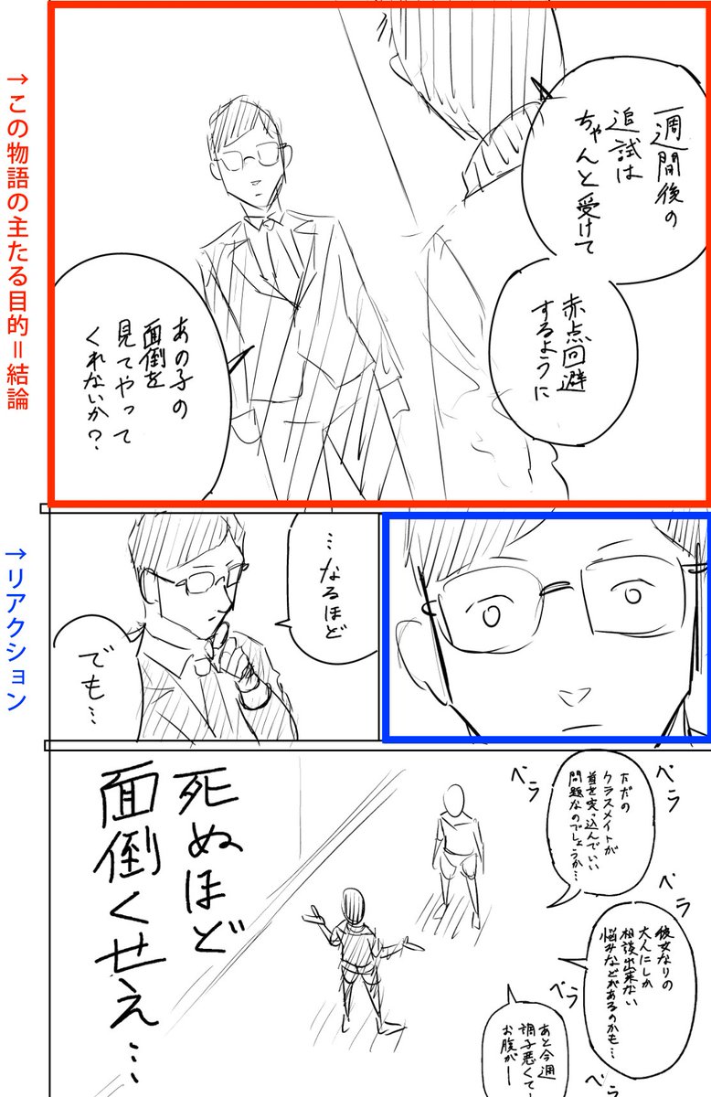 左:ビフォー│右:アフター)
【ポイント】
結論を大ゴマに
ーーーーーーーーーーーーーーーーーー
コマの大小の選び方で悩む方は多いと思う。
そこで一番手っ取り早いのが、そのページの「結論」を一番大きくするというものです。
