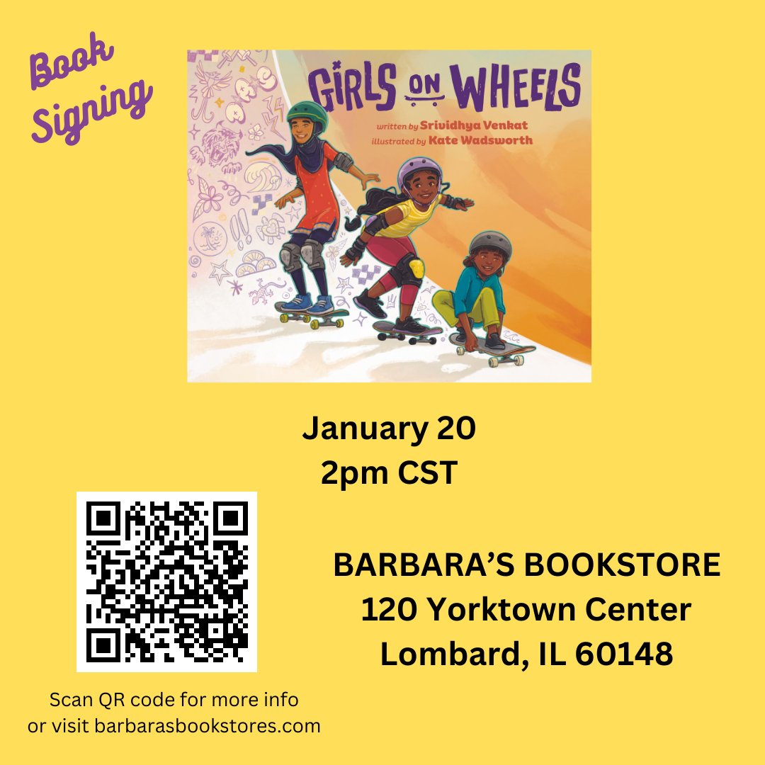 Chicago area friends! Looking for something warm to do in this bitterly cold weather? Come, meet me at @barbarasbooks in Yorktown Mall on Saturday, January 20. 🛹✨ With @kokilabooks and @wadsworthink #kidlitevents #localauthorchicago @scbwi_IL #thingstodochicago #girlsonwheels