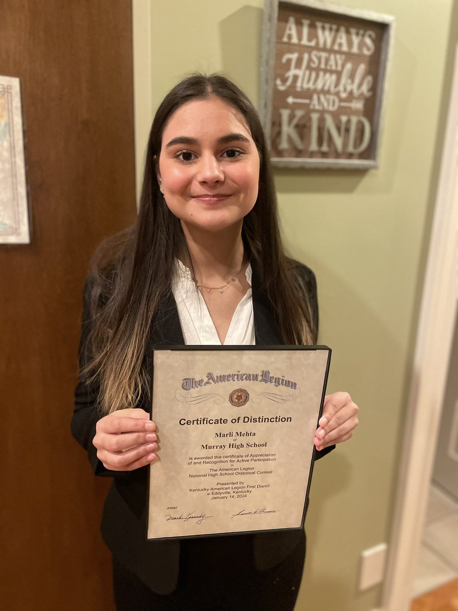 mrobville's tweet photo. MEHTA WINS DISTRICT ORATORICAL CONTEST

Murray High Junior Marli Mehta won the 2024 First District American Legion High School Oratorical Contest held in Eddyville, Kentucky Sunday afternoon. #emulate #speechanddebate #murrayschools https://t.co/ju8UTikAVm
