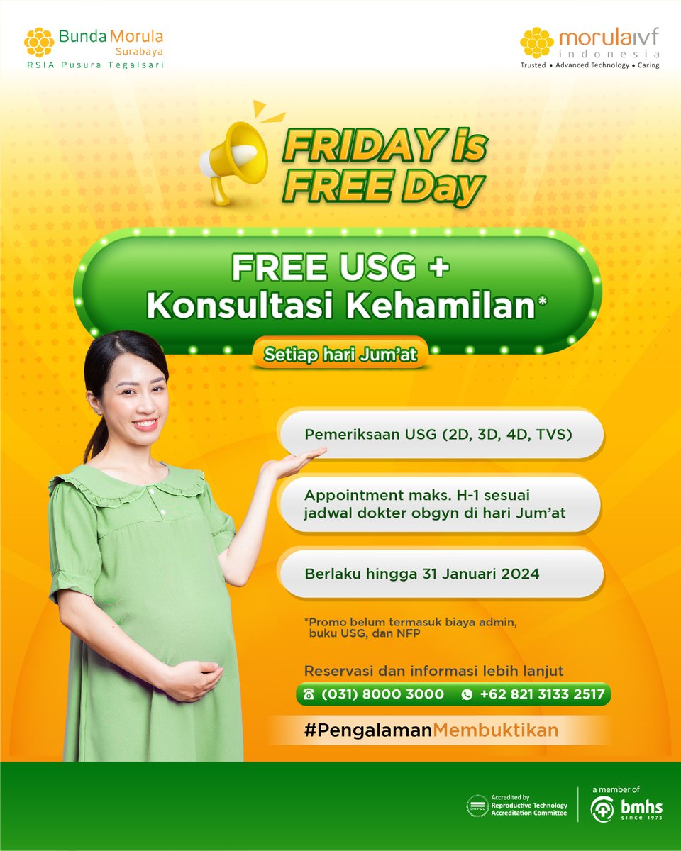 🎊𝗙𝗥𝗜𝗗𝗔𝗬 𝗜𝗦 𝗙𝗥𝗘𝗘 𝗗𝗔𝗬!🎊

Gratis USG + Konsultasi Kehamilan Setiap Hari Jumat hanya di Bunda Morula Surabaya!🥳

Pemeriksaan ini berlaku untuk pemeriksaan USG 2D, 3D, 4D, TVS dengan appointment maksimal H-1 sesuai jadwal dokter obgyn dihari jumat😉 #Surabaya #IVF