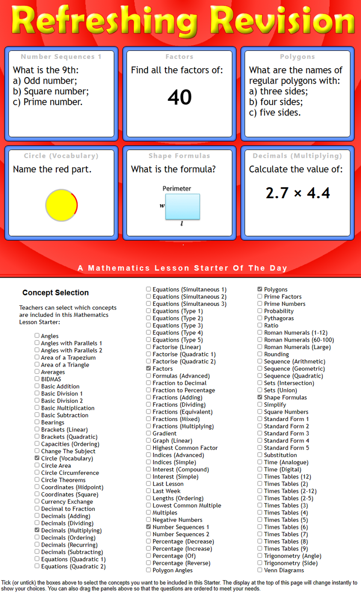 Transum's tweet photo. Refreshing Revision is so easy to adapt for your Maths class. The tick boxes next to the topics instantly change the projected display. Refresh for a new set of randomly altered questions for same topics. Save URL for reuse. 

https://t.co/QEETZAcjZi

#mathschat #lessonstarter https://t.co/TDuK2o75md