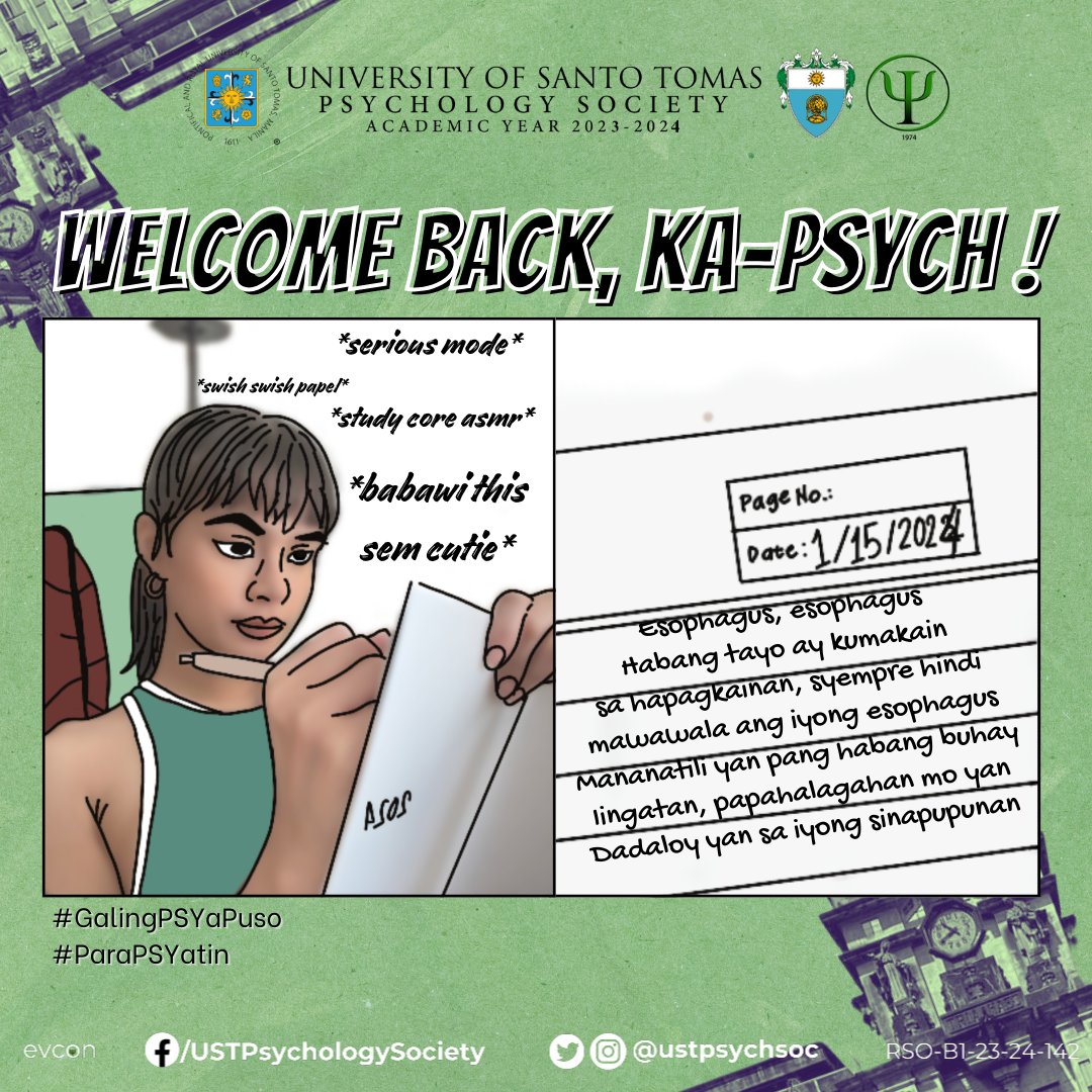 ustpsychsoc's tweet photo. 1st sem: survived! ✅
2nd sem: haha esophagus esophagus 🤯

Welcome Back, Thomasians! 🐯
As the second semester is about to begin, we hope everyone had their well-deserved rest this sembreak. 💚 It’s now time to gear up for our classes. 🎒📚🏫 https://t.co/TClcnCxZSi