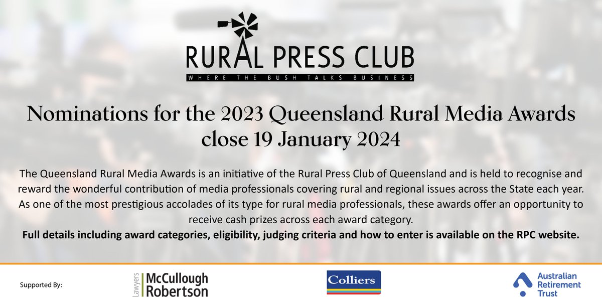 The 2023 Queensland Rural Media Awards are open to entries. Nominations close 19 Jan 2023, don't let it pass you by: ruralpressclub.com.au/content/awards