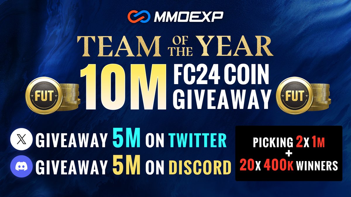 🚨10M Coin #FC24 Giveaway For #TOTYFC24 ➡️Follow me & Retweet & Like for a chance to win ⚽️5M via Twitter ⚽️5M via Discord👉discord.gg/wTF6TGF7HY 🔥Madness sale up to 30% coin bonus at MMOEXP 🔥Quick join here👉bit.ly/MMOexp-FC24 Picking winners during #TOTY #mmoexp