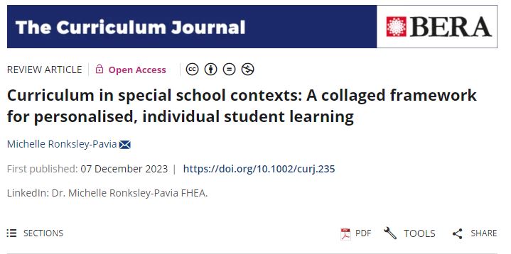 I'm excited to share my latest open access article in The Curriculum Journal: 'Curriculum in special school contexts: A collaged framework for personalised, individual student learning'. bera-journals.onlinelibrary.wiley.com/doi/10.1002/cu… #disability #specialeducation @GIER #Griffith #schools #education