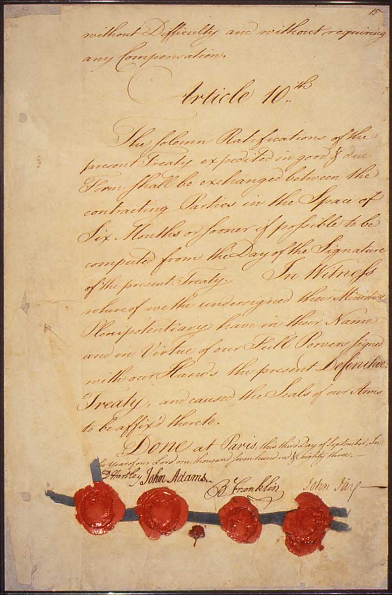 USHouseHistory's tweet photo. #RatificationDay celebrates the unanimous ratification of the Treaty of Paris by the Confederation Congress in 1784 that formally ended the Revolutionary War. π·: @USNatArchives https://t.co/aX5tLYxzsE https://t.co/5CxHGfnQEE