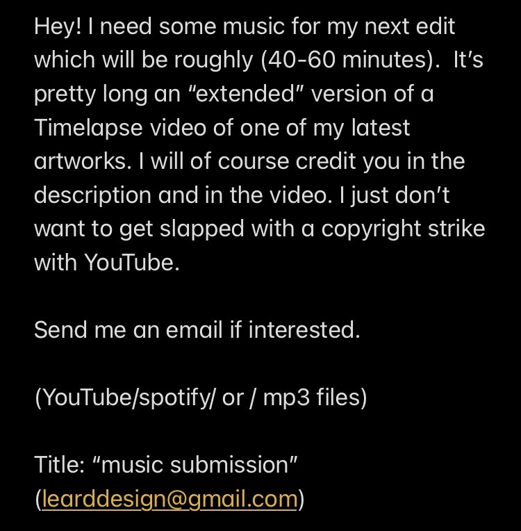 Learddesign's tweet photo. Hey! I need some music for my next edit which will be roughly (40-60 minutes).

 I will  of course credit you in the description and in the video. I just don’t want to get slapped with a copyright strike with YouTube.   

Attached is the artwork. https://t.co/sFqpOxktDi