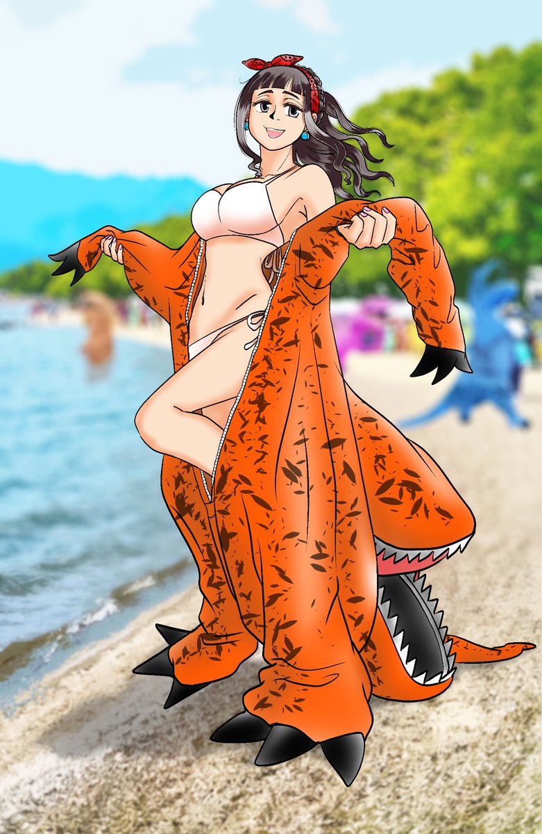 muimui616161's tweet photo. 海水浴シーズンに、ビーチで行われる
ティラノサウルスレースだと、ティラノの中から
こんな女の子が出てきたりするんでしょうか。
ビーチのは行ったことないので、わかりません。

#ティラノサウルスレース　#御朱印家族 https://t.co/Sx1BA3zp3S