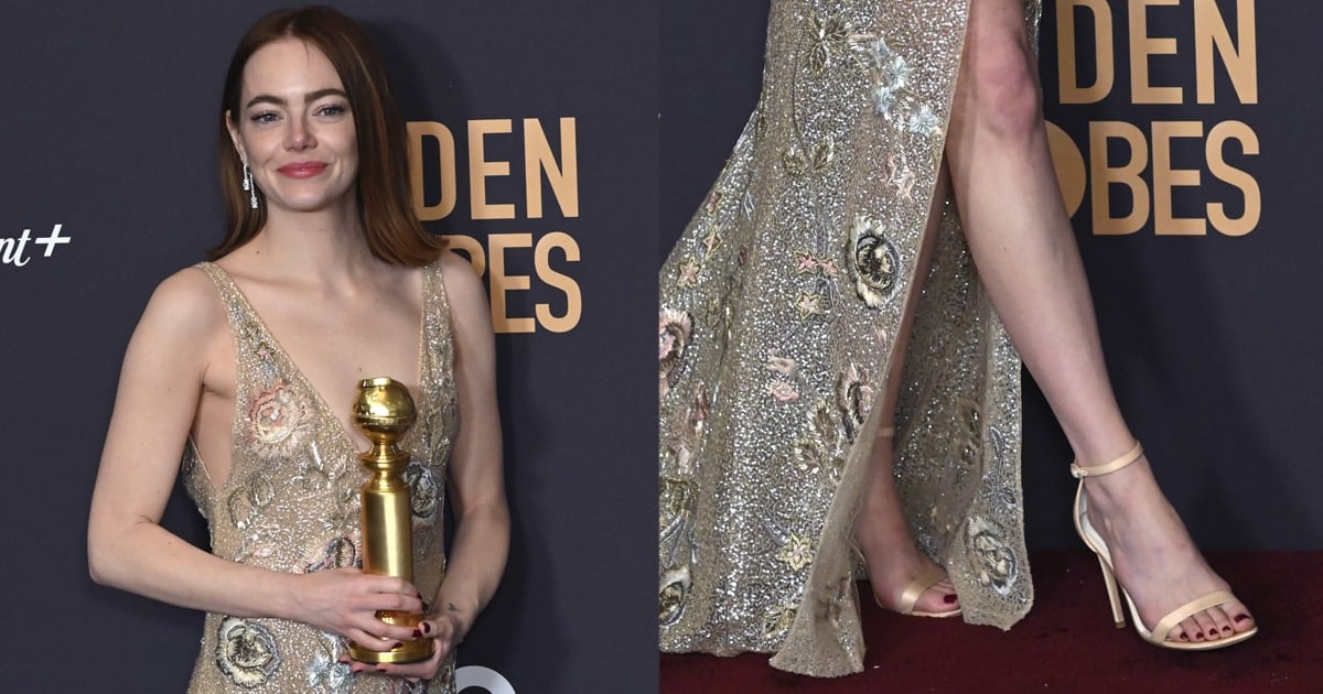 Emma Stone Bags Golden Globe Best Actress in a Comedy in a Shimmering Louis Vuitton Gown and Open-Toe Heels dlvr.it/T1NZl7