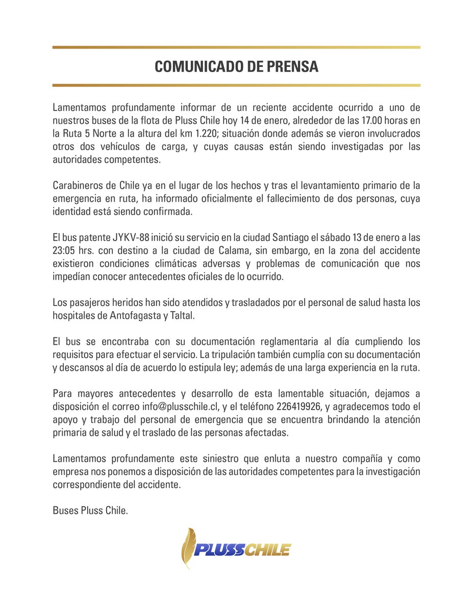 plusschile's tweet photo. @RadioAftaOnline Lamentamos profundamente el accidente de hoy 14 de enero, a continuación les compartimos el comunicado de prensa: https://t.co/XiC5PripnR