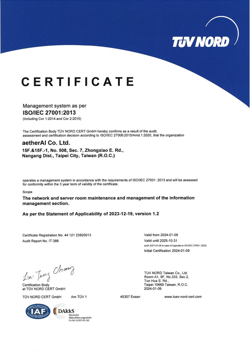 aetherAI_tw's tweet image. Excited to share that aetherAI is now ISO/IEC 27001 certified! This marks a major step in our commitment to  information security. #ISO27001 #InformationSecurity #aetherAI