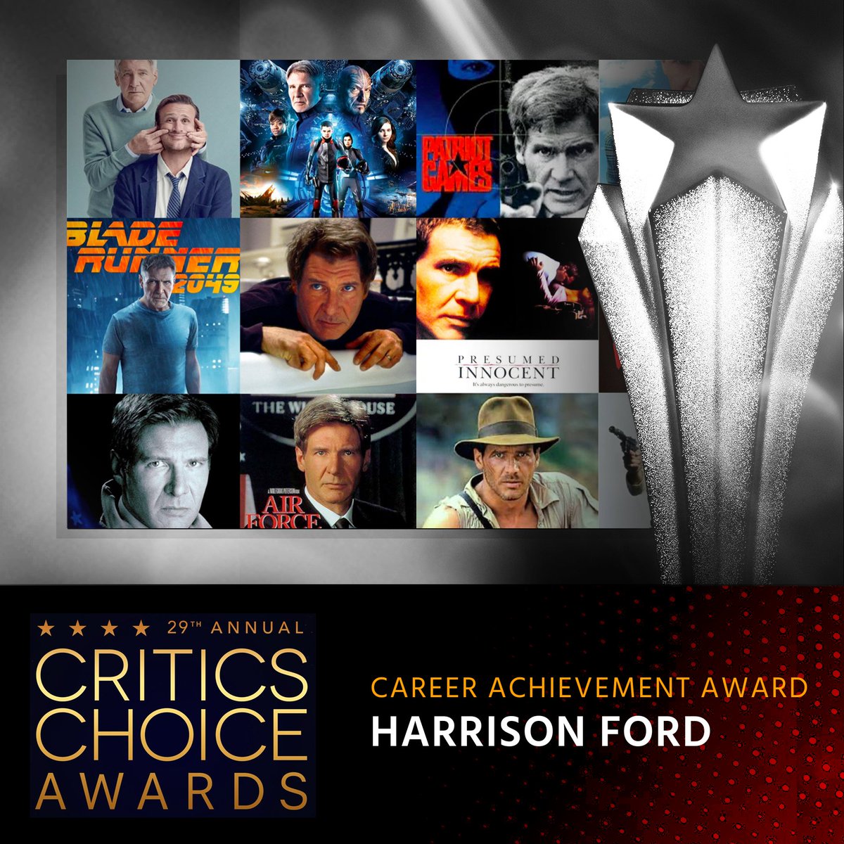 Congratulations to legendary actor, Harrison Ford, who has been honored with the CAREER ACHIEVEMENT AWARD at the 29th Annual Critics Choice Awards⭐️
#CriticsChoice #HarrisonFord