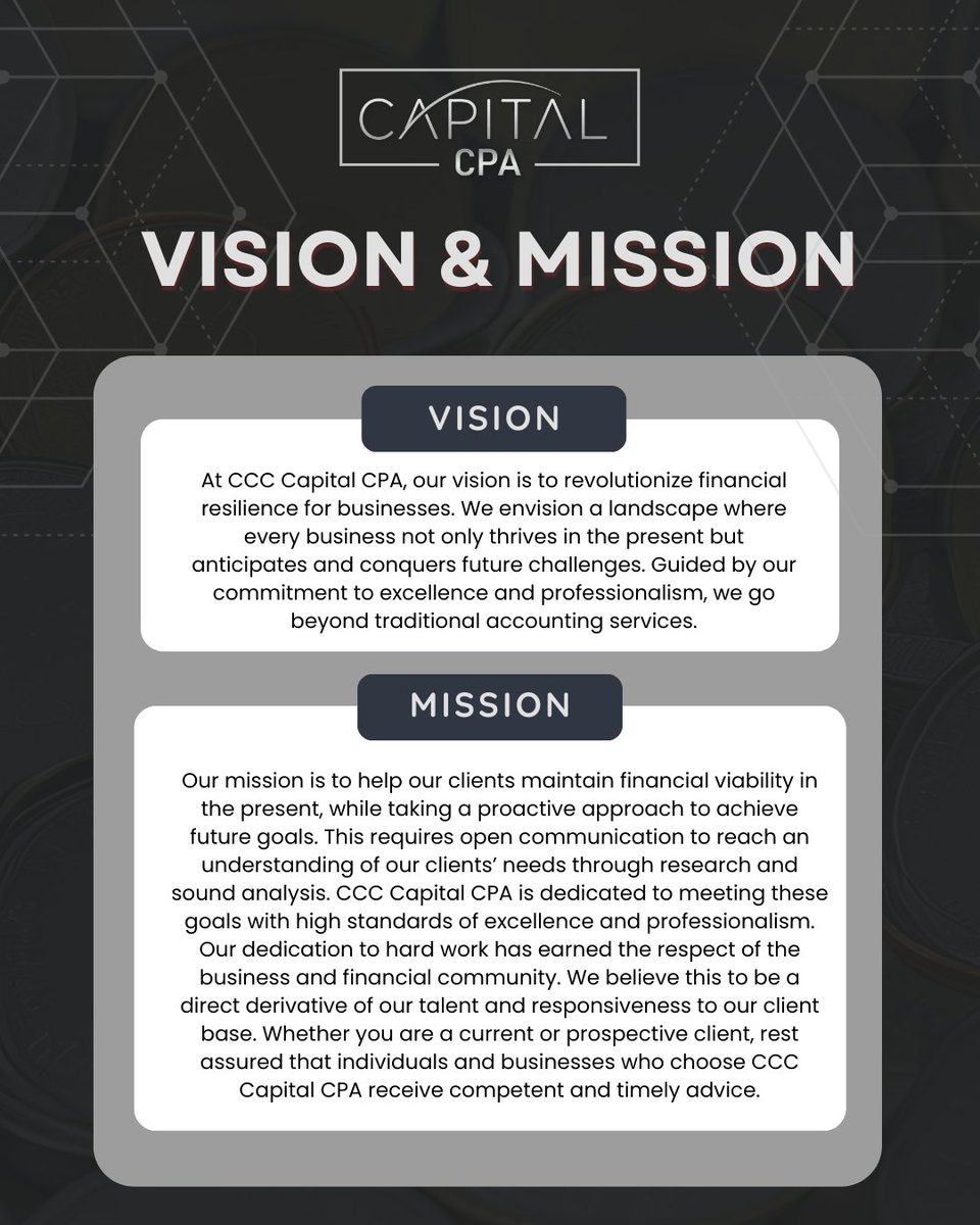 Our mission at CCC Capital CPA is to empower your success through expert guidance and unwavering commitment. 📈

#MissionStatement #FinancialExcellence #CCCcapitalCPA