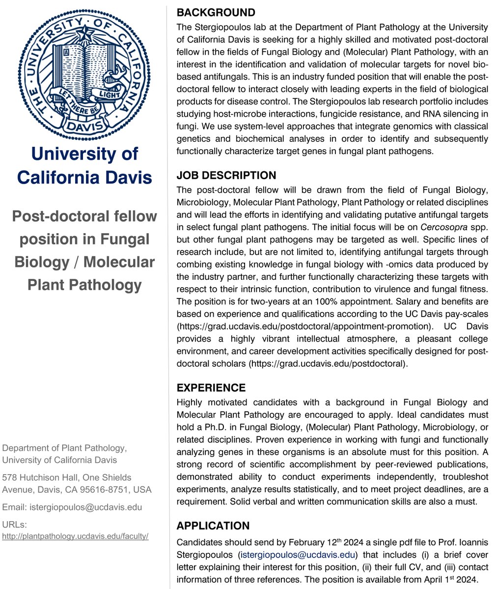 We are hiring! Please RT. A post-doctoral position is available in my lab in the fields of fungal biology & molecular plant pathology. Candidates interested in the identification and validation of molecular targets for novel bio-based antifungal agents are encouraged to apply.