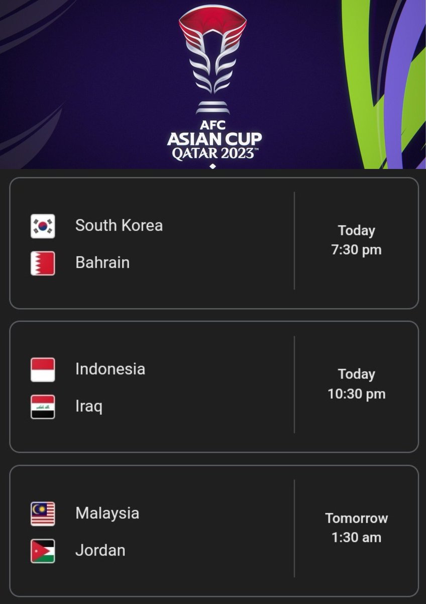 mysemuanyabola's tweet photo. 🏆 𝐇𝐀𝐑𝐈 𝟒 - 𝐏𝐈𝐀𝐋𝐀 𝐀𝐒𝐈𝐀 𝟐𝟎𝟐𝟑

⚽️ Korea Selatan vs Bahrain
⏰️ 7.30 malam
📺 Astro 803

⚽️ Indonesia vs Iraq
⏰️ 10.30 malam
📺 Astro 804

⚽️ MALAYSIA vs Jordan
⏰️ 1.30 pagi
📺 Astro 801, Astro 803, Sukan RTM, TV Okey

#AsianCup2023 https://t.co/xzpfjzB4n7