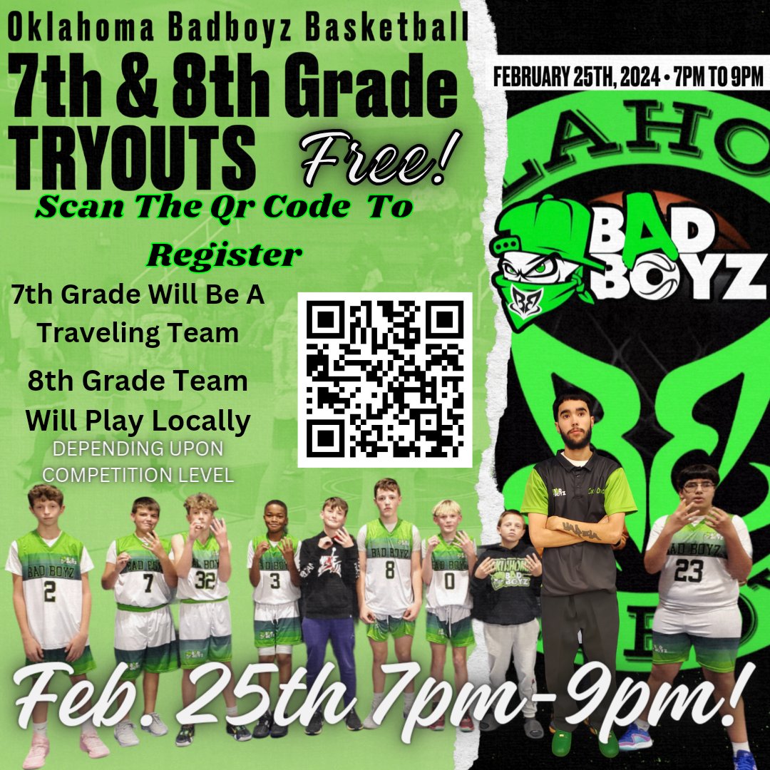 The time is here! 7th and 8th grade boyz tryouts. Scan the QR CODE to register there's no fee for the TRYOUTS so register asap before is too late. Traveling tem will have a competitive schedule