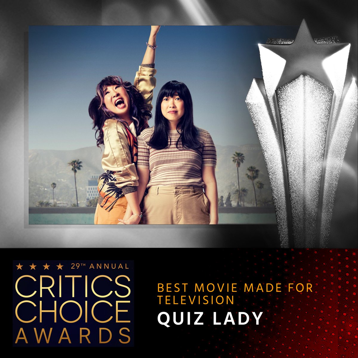 Congratulations to “Quiz Lady”⭐️ The film has won the #CriticsChoice Award for BEST MOVIE MADE FOR TELEVISION! #CriticsChoiceAwards #QuizLady @Hulu