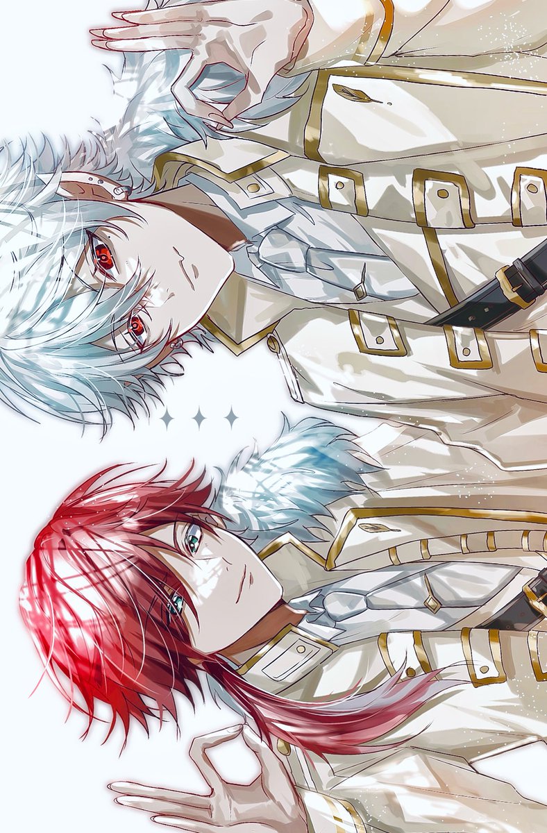 red hair 2boys multiple boys red eyes male focus white hair looking at viewer  illustration images