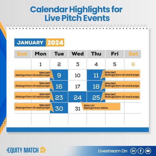equitymatch_co's tweet photo. 📷Mark your calendars! 📷 https://t.co/uG3RC8ie0S Grab the full schedule for Pitch Events by EquityMatch for Founders based on USA, Europe, and Africa – January 2024
📷 Spread the word! Share this post with fellow founders and investors.
#LivePitchEvents #JanuaryCalendar https://t.co/fBSBry6d2O