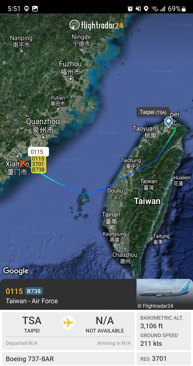 Borrowed7Time's tweet photo. Taiwan AF B737-8AR reg. 3701 #89910F as 0115 tracking over the Taiwan Strait & descending to Xiamen. https://t.co/MEKg4o3LEe