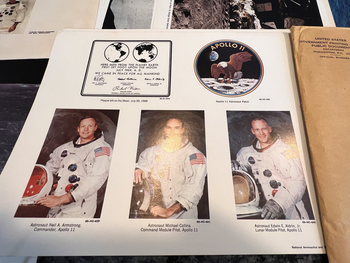 nerdyJezz's tweet photo. Don’t you just love it when you buy a shredder at a garage sale and find a big yellow envelope inside? 
Looks like vintage Apollo 11 &amp; 15 11 x 14 photos. 

So neat. I wonder if they’re worth anything….? https://t.co/u5z3149Hbq
