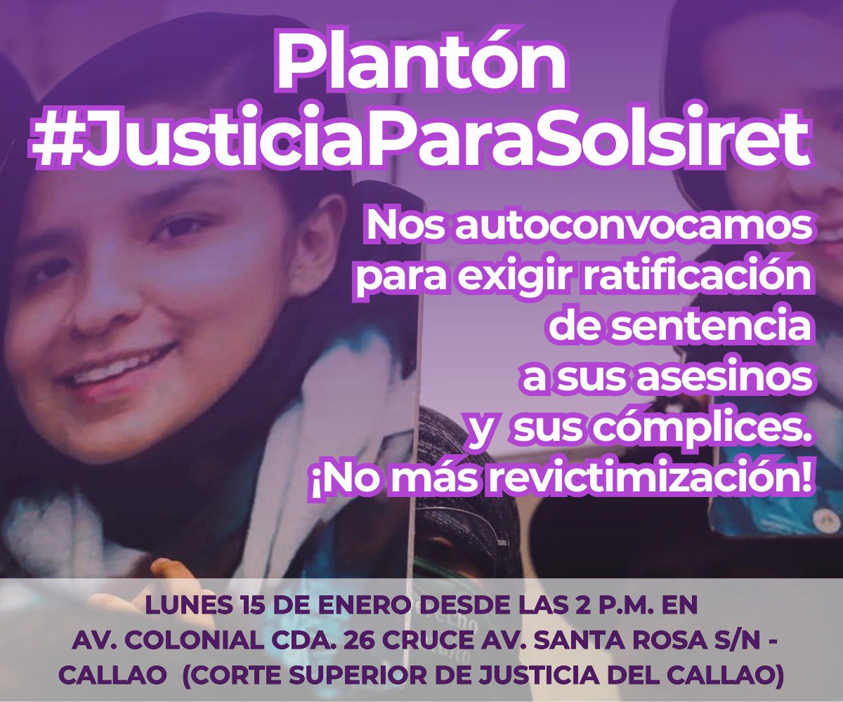 DianaMiloslavic's tweet photo. #JusticiaParaSolsiret Lunes15 2pm Corte Superior de Justicia Callao @Poder_Judicial_ @larepublica_pe @WaykaPeru @FamiliasNi @MuDesaparecidas @CarlosCornejoA https://t.co/ihsoZDJ45A
