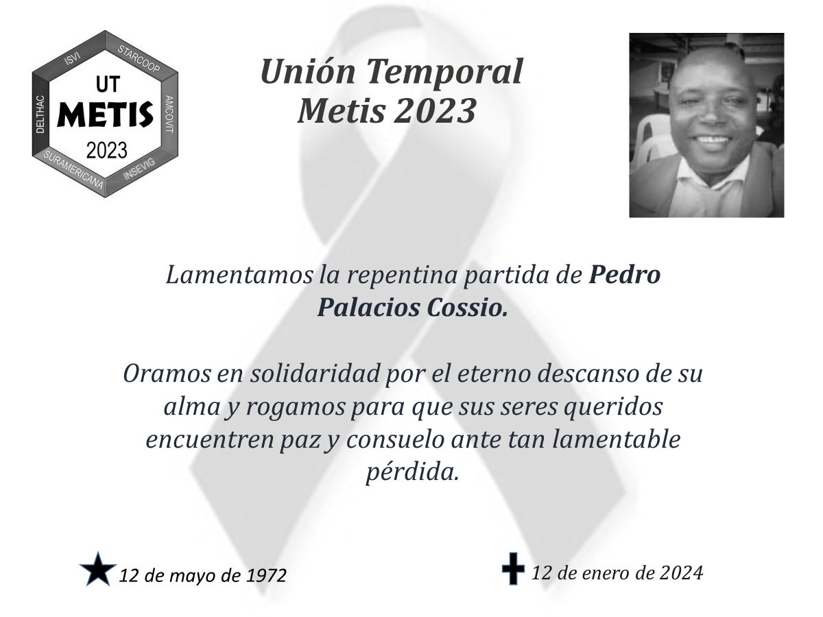 Nuestra solidaridad con su familia, amigos y compañeros por el fallecimiento del escolta Pedro Palacios Cossio, Q.E.P.D. Oramos por su eterno descanso.