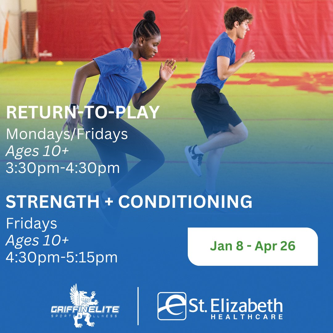RTP/STRENGTH + CONDITIONING
AGES 10-18

Various classes are offered by our St. Elizabeth Sports Performance staff! From getting back into things post-injury to building your strength, conditioning, speed, and agility for ANY sport. 

griffinelite.com/events
