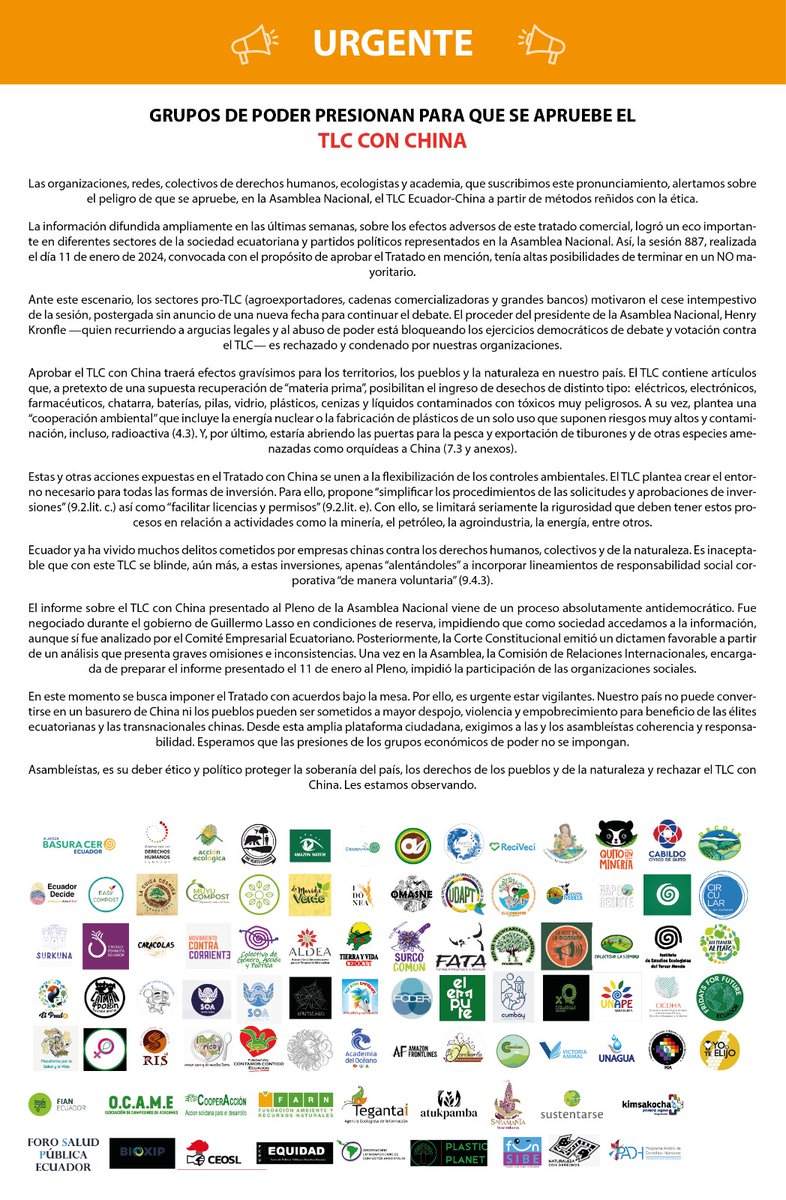 🚨ALERTA 87 organizaciones se oponen al #TLCEcuadorChina
El TLC convertirá al Ecuador en fuente de explotación agresiva de recursos y de recepción masiva de desechos tóxicos desde China. Aquí el detalle⬇️
#AsambleaNoDesecheLaPatria #EcuadorNoSeraBasureroDeChina
#LaNuevaAsamblea