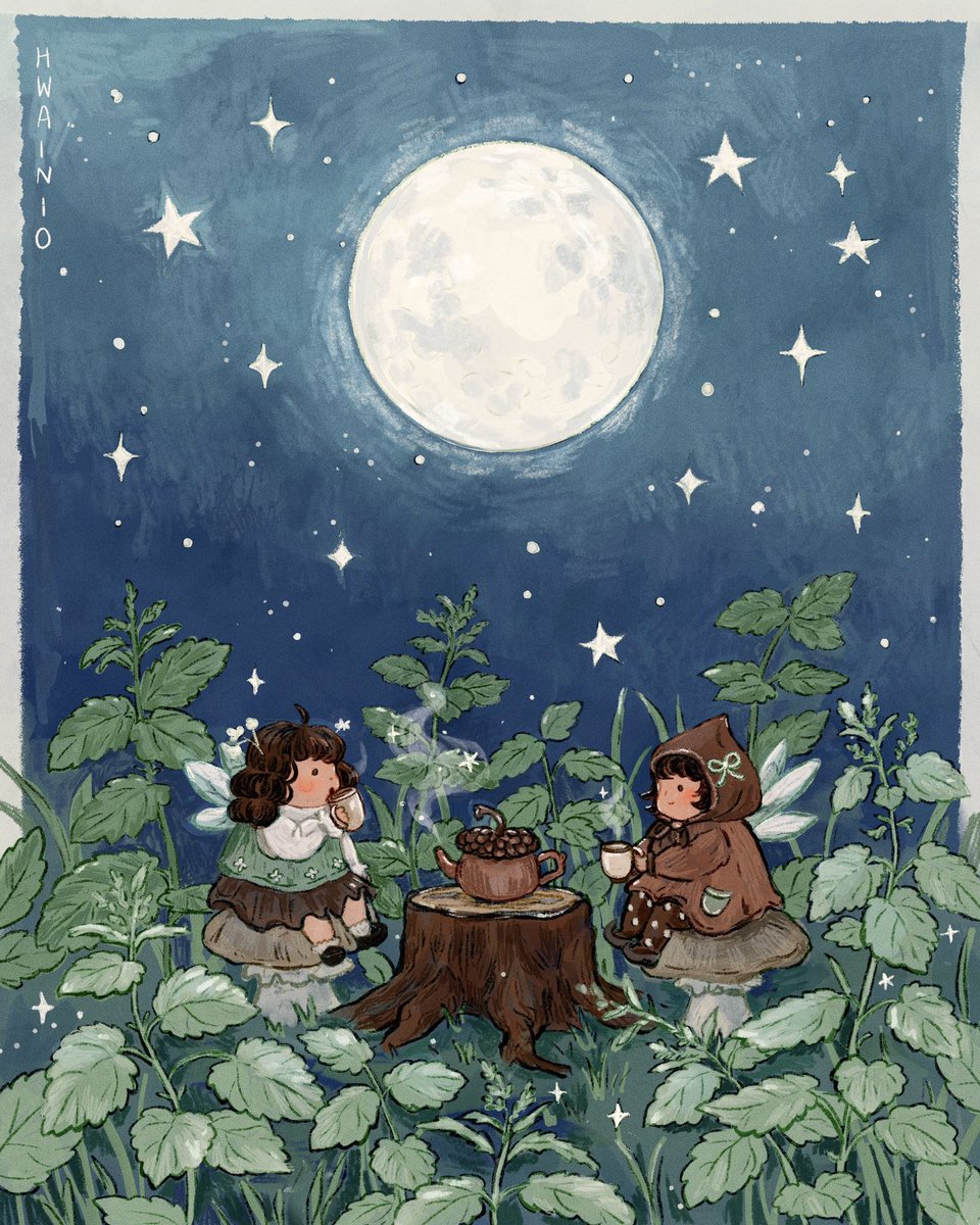multiple girls 2girls moon steam fairy night cup  illustration images